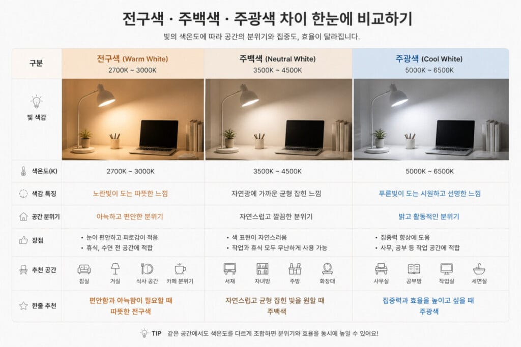 조명 색 온도별 차이를 나타내주는 표 이미지